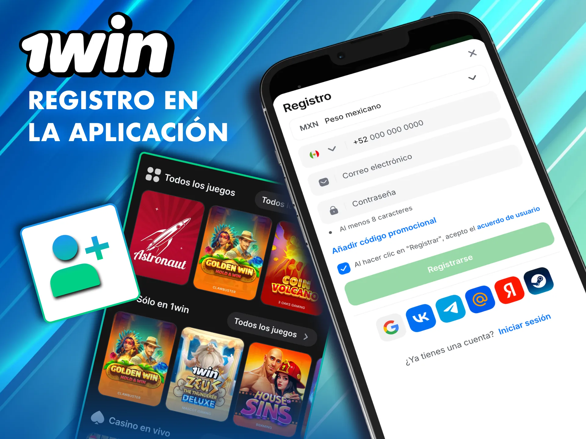 Crea tu cuenta en 1Win con correo, teléfono o redes sociales.